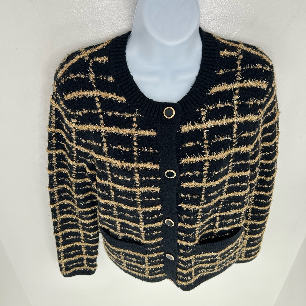 Talbots Bouclé Plaid Cardigan Sweater Petite‎ Small Black Gold Metallic Preppy - Picture 5 of 11